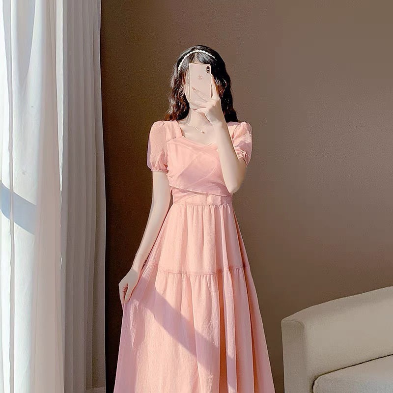 粉色泡泡袖蓬蓬连衣裙女秋季欧根纱仙女裙超仙甜美法式复古小香风