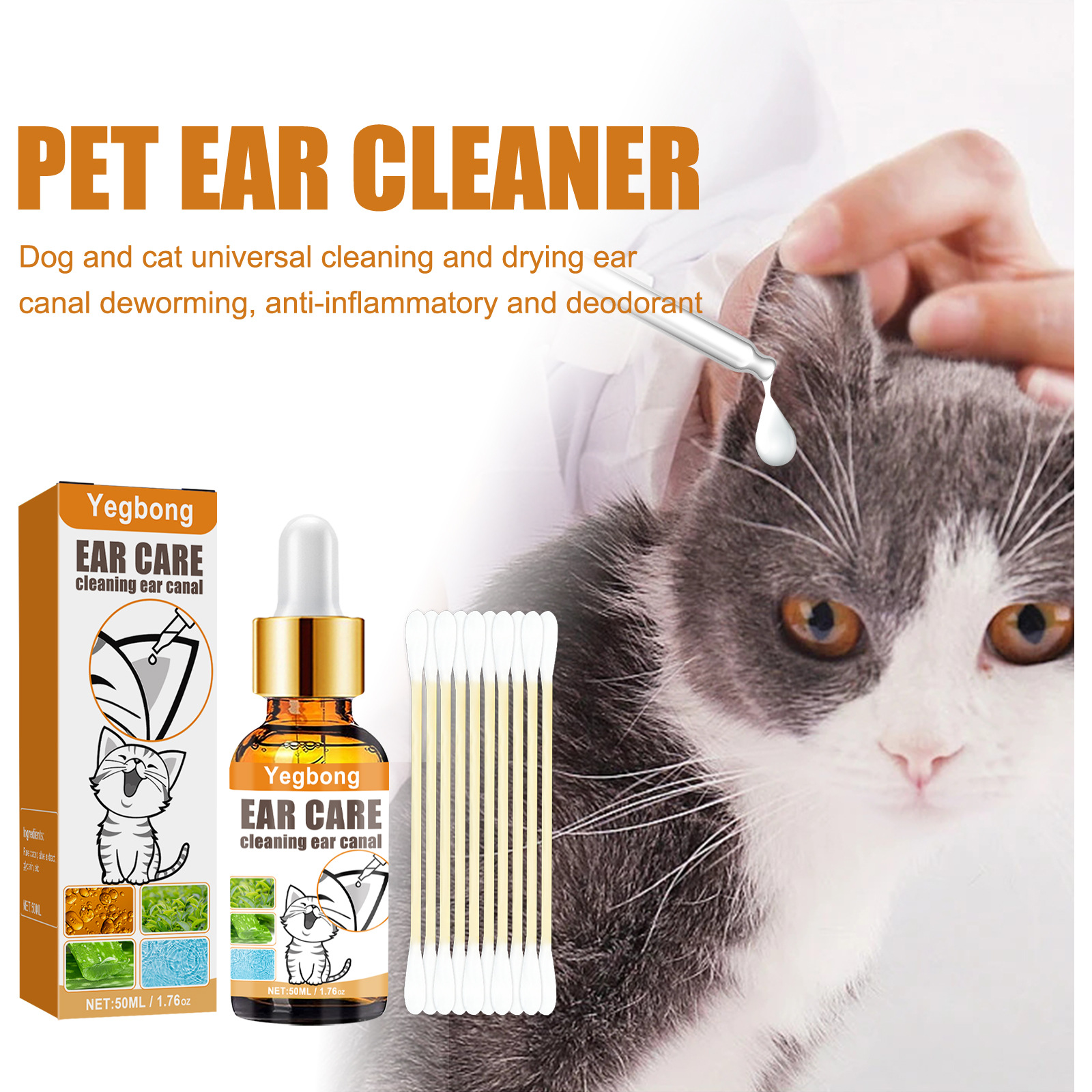 Yegbong Pet Ear Cleaning Liquid with Cotton Swab Dogs and Cats Cleaning Ear Drop Net Meatus Acusticus