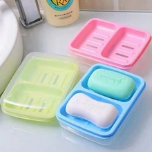 双创意双位双体肥皂盒 双格肥皂盒沥水带盖双层沥水香皂盒皂托