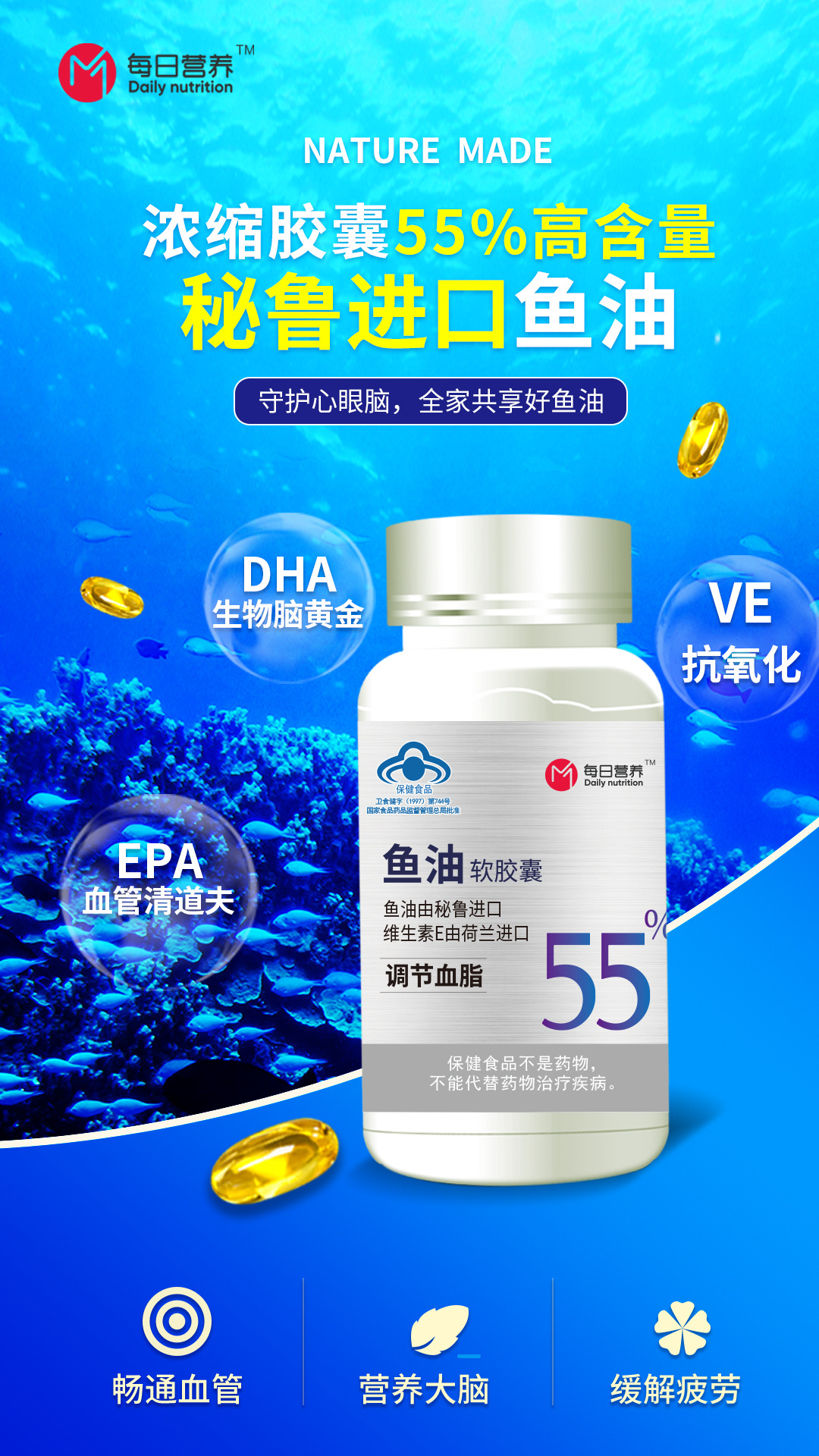 鱼油软胶囊 秘鲁深海鱼油55%欧米伽3 dha/epa中老年保健品硬胶囊