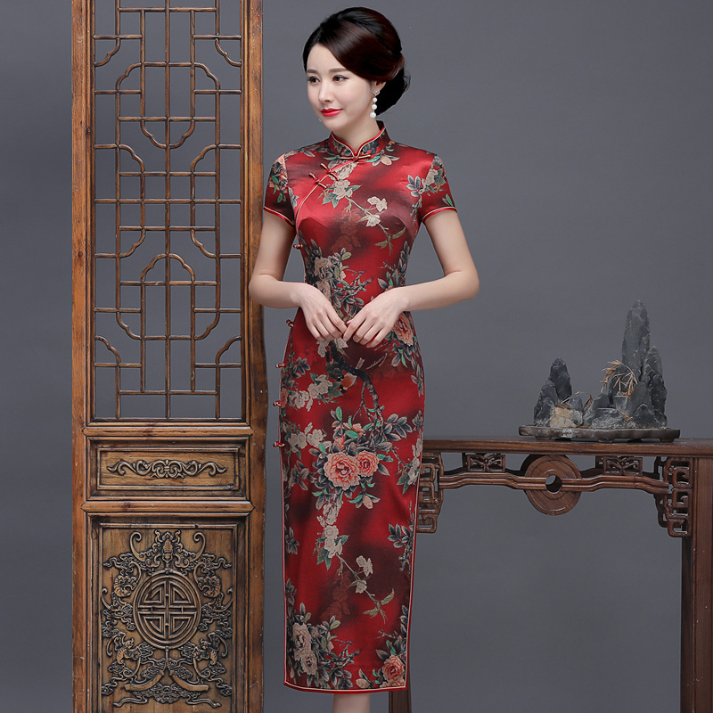 亏本清货 春夏新款真丝桑蚕丝印花长款加大码旗袍礼服1237-阿里巴巴