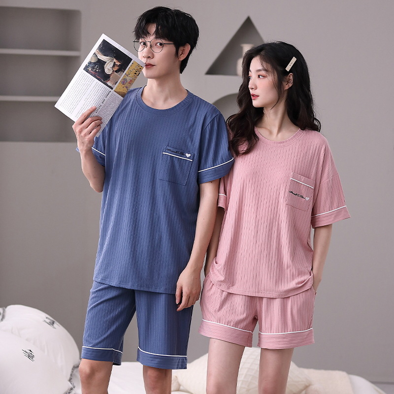 Modal Couple Pajamas Summer Short Sleeve Ice Silk Cotton Silk Cartoon Simple Homewear Men's Women's Suit Thin