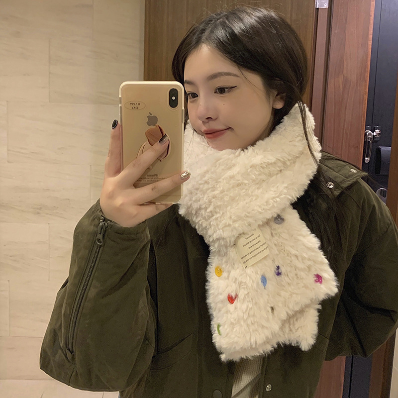 Women's Korean-Style Ins Fashionable Colorful Button Plush Milky White Scarf Winter Warm Thickened Cute Scarf for Students