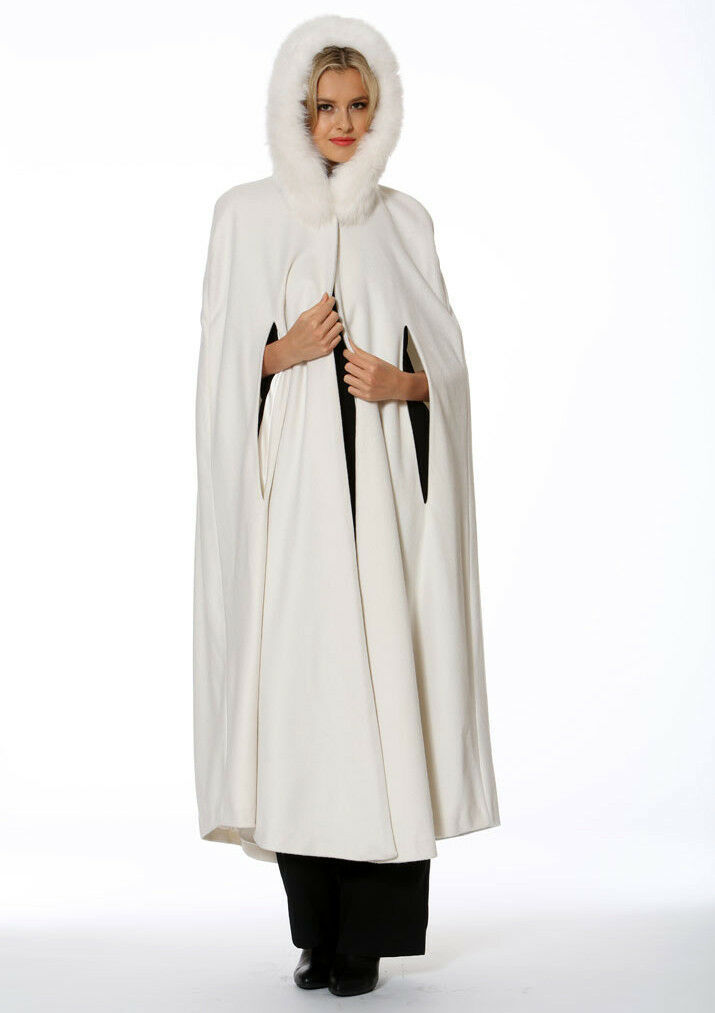 2021欧美乳白色女士毛领披风插手斗篷中厚中长款连帽保暖冬季新款