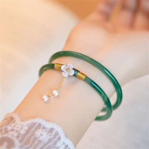 Jingle Bracelet a Pair of Agate Green Chalcedony Bracelet Natural Blype Antique Beauty Bracelet Young Girl Han Chinese Clothing Accessories