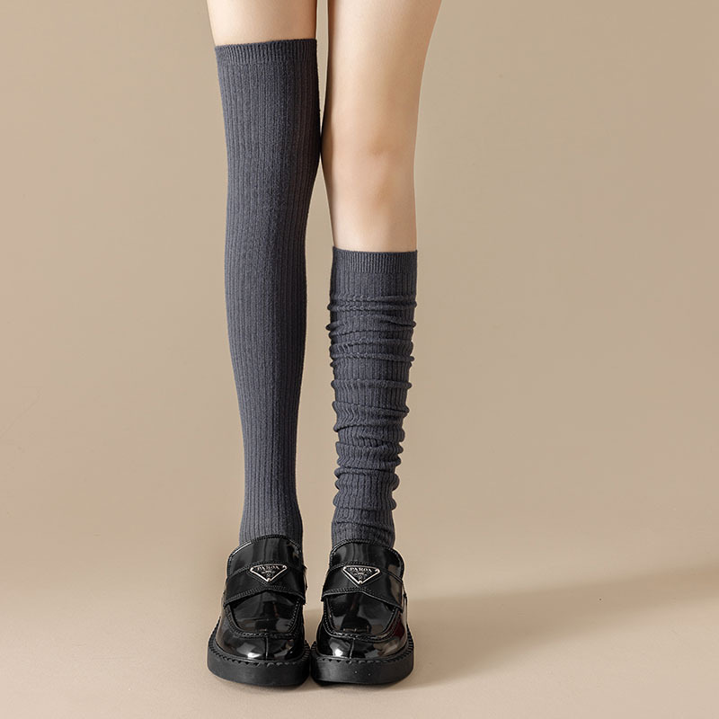 秋冬季黑色显瘦竖条纹过膝袜女长筒袜日系学院风搭配小皮鞋堆堆袜