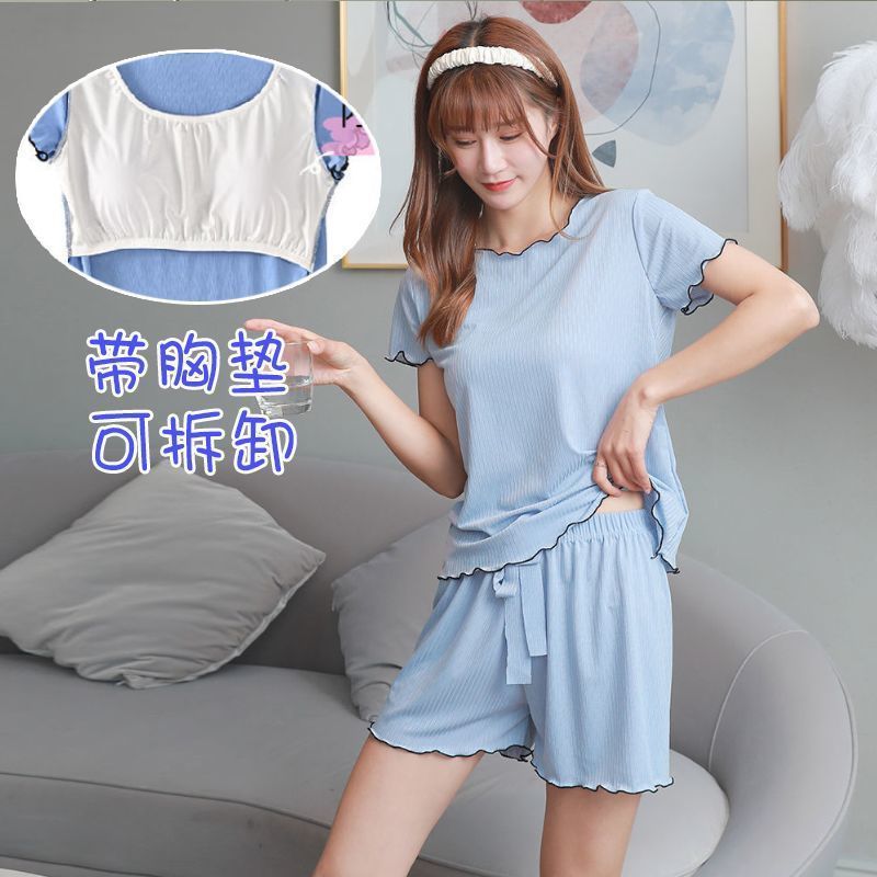 Ice Silk Pajamas Women's Pajamas with Chest Pad Summer Can Be Worn outside Loose Classic Style Homewear Summer Pajamas Suit