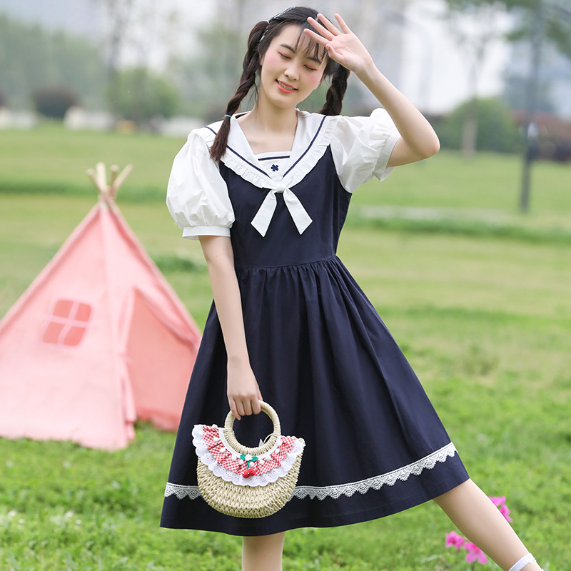 21256连衣裙日系软妹学院风夏装少女高中初中学生甜美泡泡袖裙子