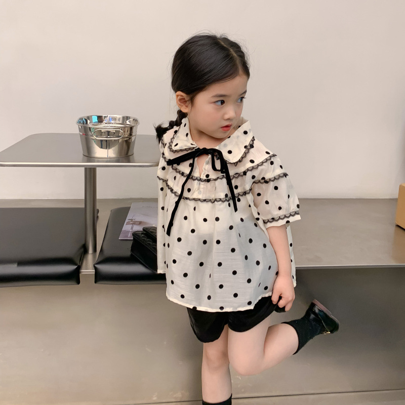 韩国童装2022夏季新款韩版女童花边领波点衬衫女宝宝洋气可爱上衣