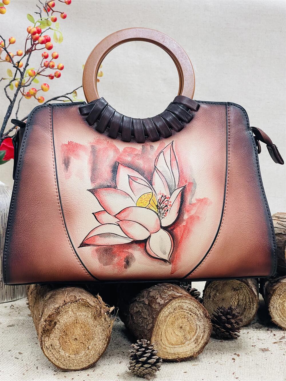 中国风小众设计师手工手绘荷花复古国潮手拎单肩轻奢休闲包-阿里巴巴