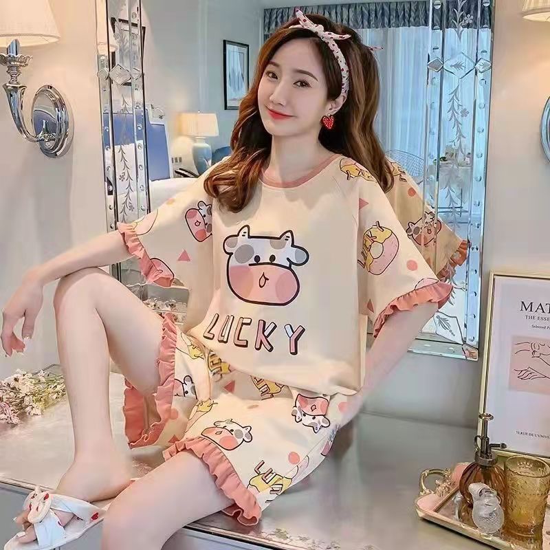 Women's Pajamas Summer Cotton Short Sleeve Shorts Thin Korean Cute Cartoon New Outerwear Homewear Live Broadcast