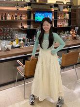 kumikumi套装纯色打底T恤女高腰半身裙早春叠穿网纱连衣裙三件套