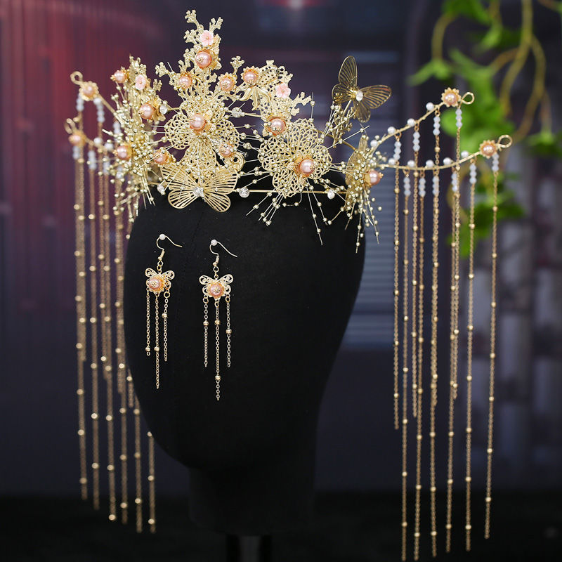 新款新娘结婚大气奢华步摇中式古代秀禾服金色凤冠秀禾头饰女