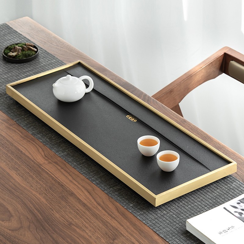 黄铜包边手工家用乌金石茶盘茶托排水式功夫茶具配件石头茶台