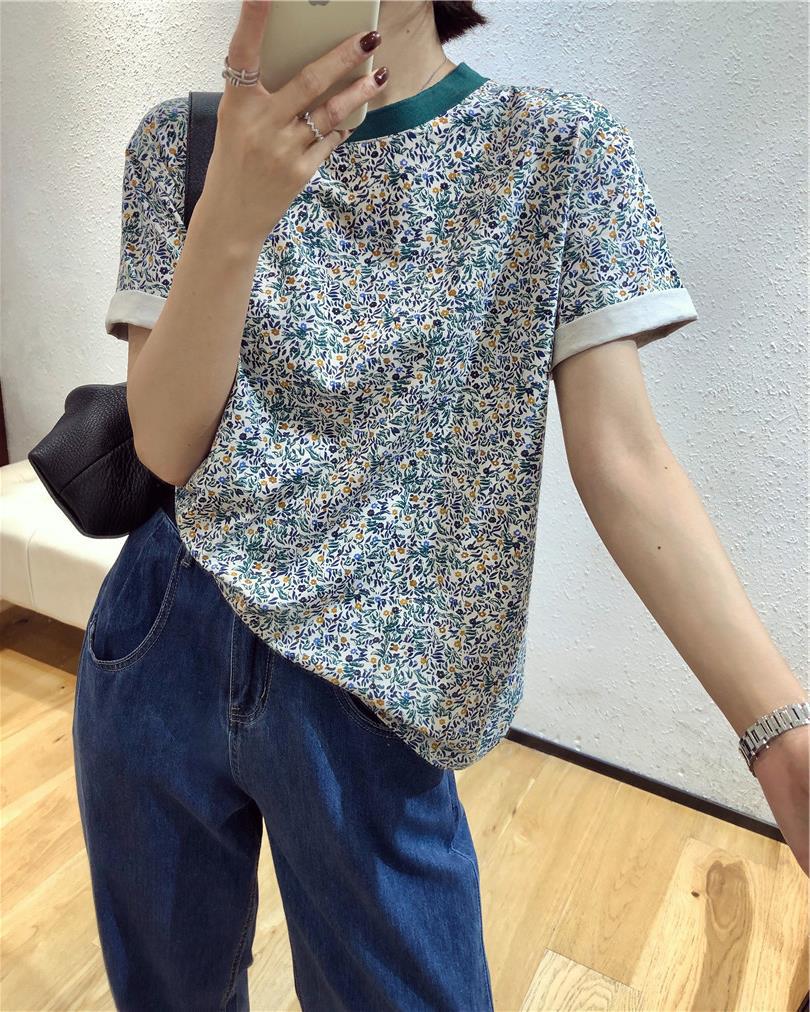 碎花短袖t恤女夏季2021新款宽松显瘦复古气质圆领半袖体恤上衣潮