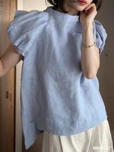 2024年法式复古时尚圆领短袖T恤女春夏季蓝色设计感小众百搭上衣