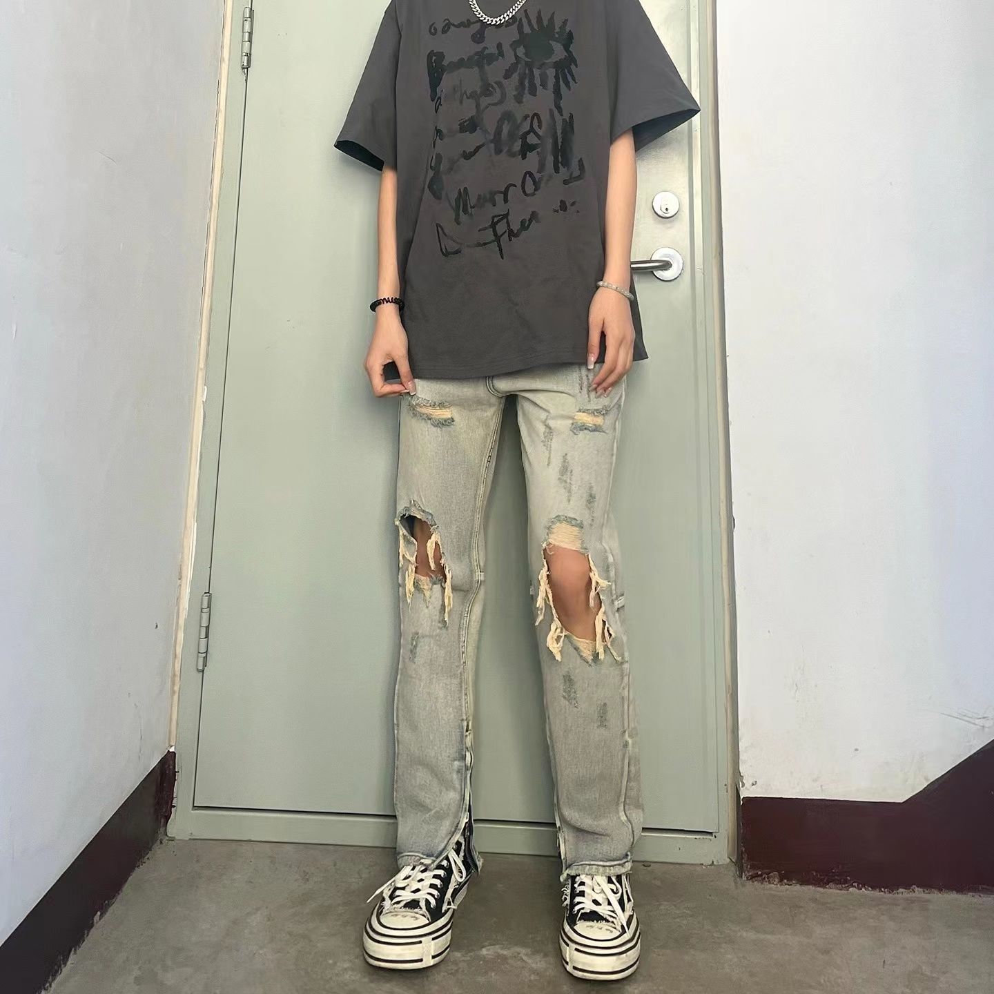 高街风破洞牛仔裤夏季薄款韩版潮流修身小脚长裤男女乞丐裤子蓝依