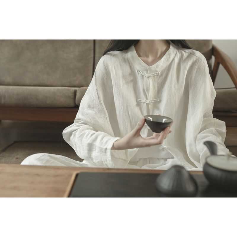 【令壹】利休白茶   自制禅意盘扣宽松衬衣汉服式白衬衫女中长款