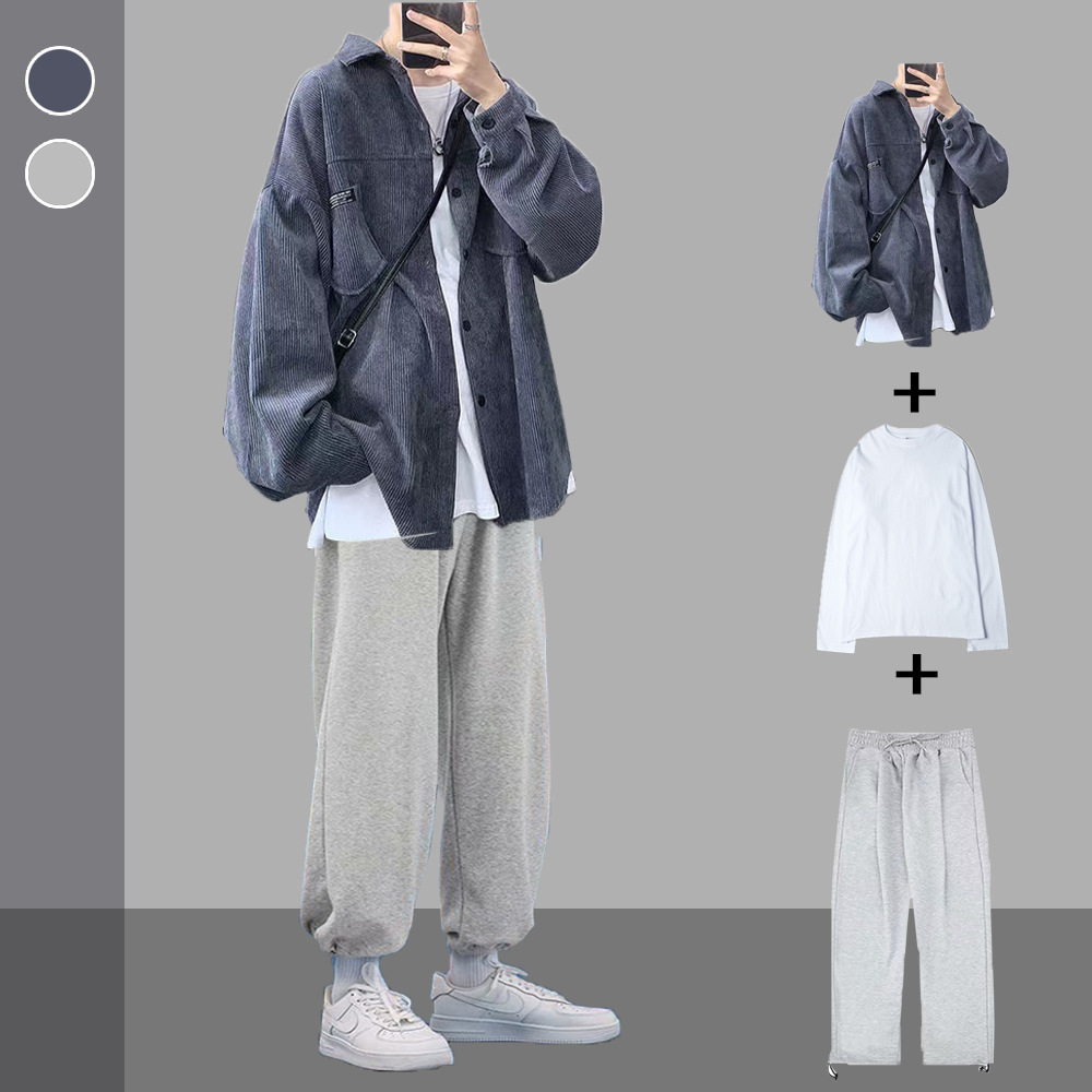 春秋灯芯绒衬衫套装男士复古潮流外套休闲一套搭配帅气男装三件套