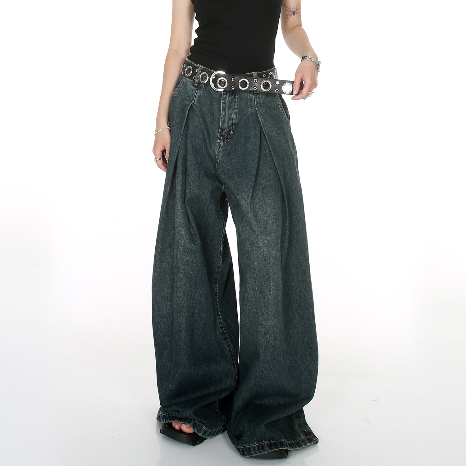 Carmour Denim | Korean Style High Waist Crimp Loose Drooping Vintage Blue Pantskirt Jeans Large Wide Leg Mop Pants