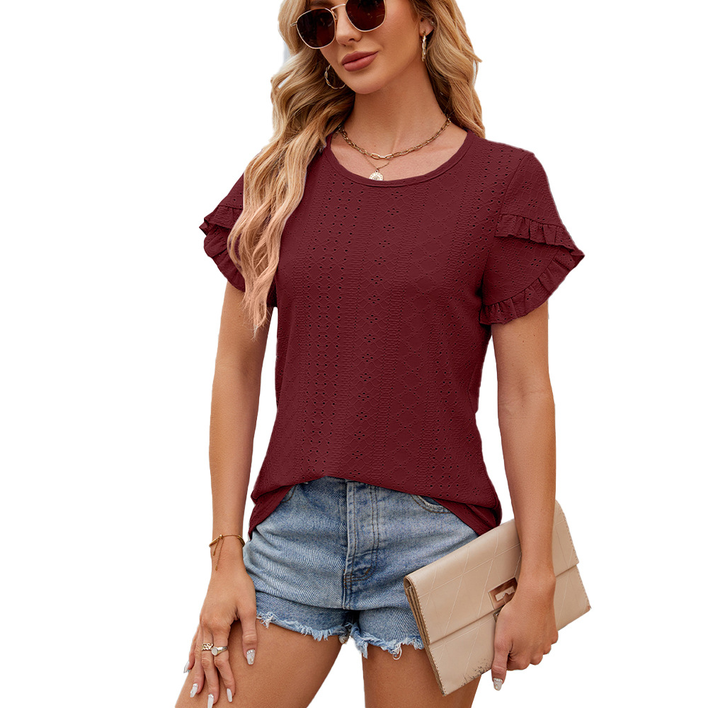 Amazon Europe and America Cross Border Foreign Trade 2024 Summer New Solid Color round Neck Petal Sleeve Short Sleeve T-shirt Top Women's Clothing Women Clothes