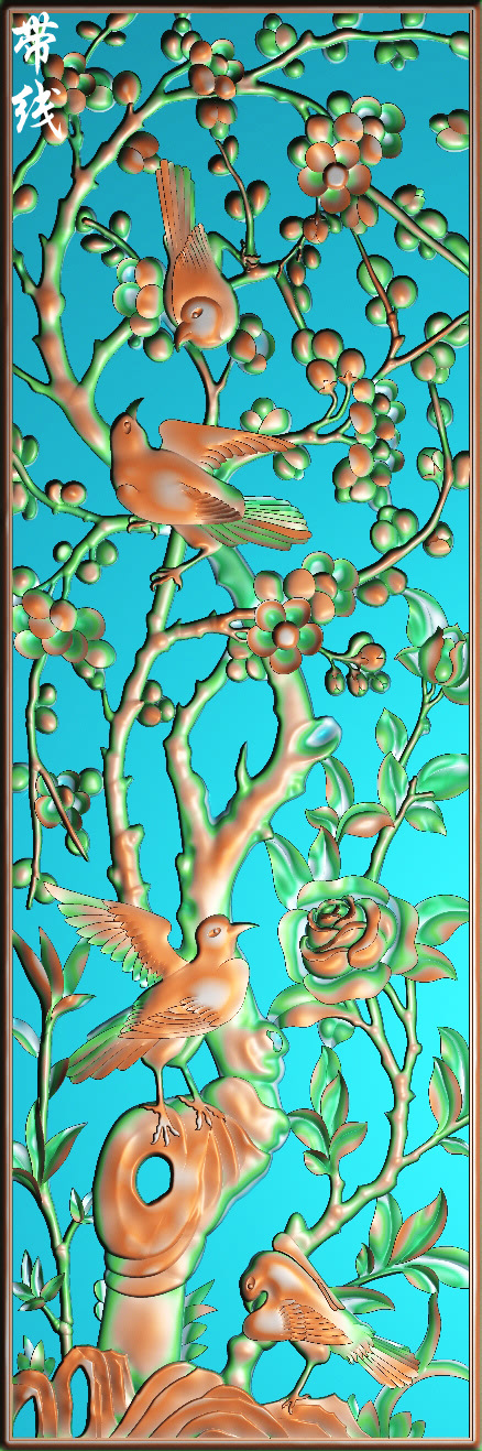 a精雕图梅花月季花鸟竖板挂屏门板浮雕图灰度图木雕砂岩石雕刻图