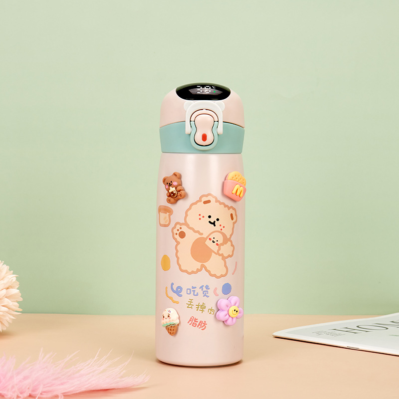 Cartoon Three-Dimensional Stickers Smart Temperature 316 Stainless Steel Children's Thermos Mug Bounce Straw Cup Rope Holding Portable