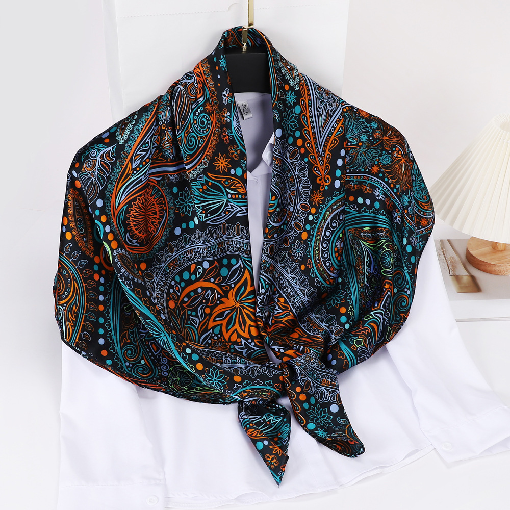 Retro Cashew Silk-like Printed Scarf for Women Summer Thin Brocade Satin 110 Large Kerchief All-Match Sun Protection Talma