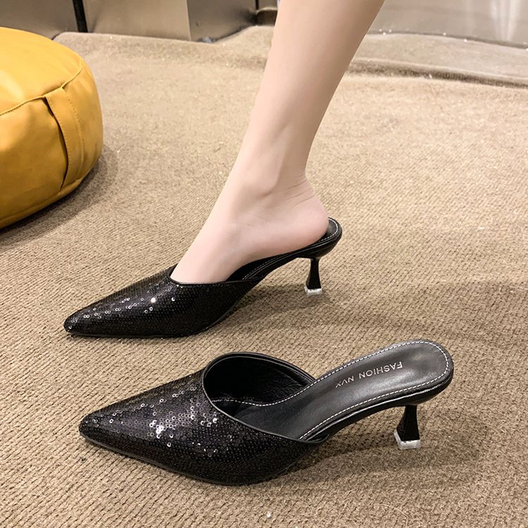 拖鞋女2024新款女鞋夏季尖头包头半拖鞋女式细跟中跟凉拖鞋女批发