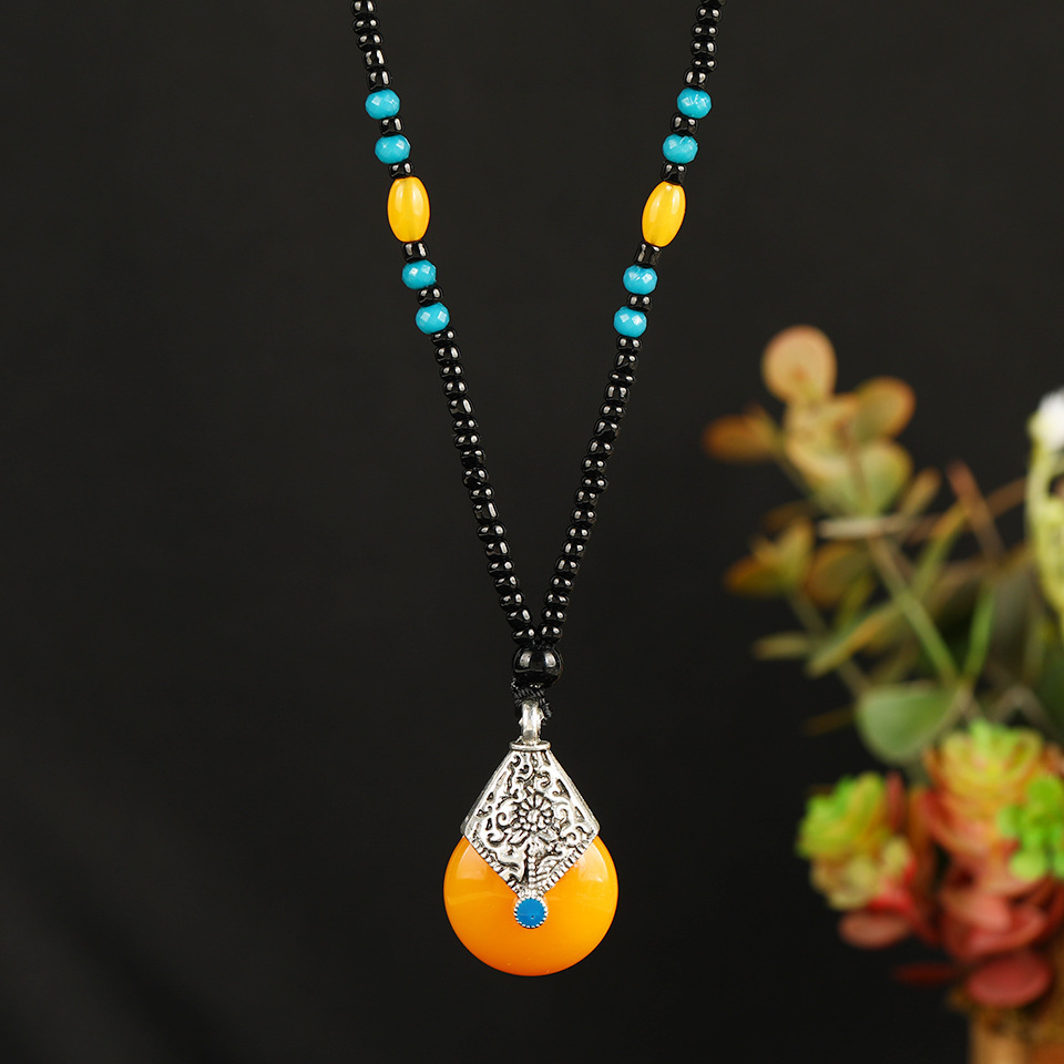 新款民族风冰冰坠圆珠链女毛衣链仿蜜蜡水滴挂坠直播爆款货源批发