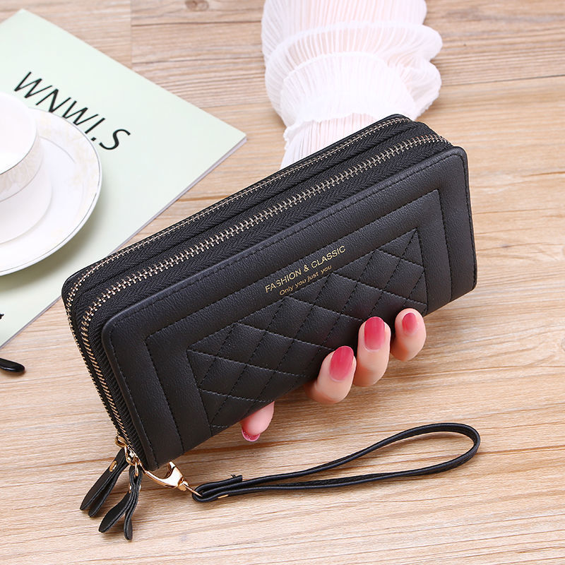 Solid Color Women Bag Embroidery Thread Wallet Female Long Clutch Korean Style Mobile Phone Bag Double Zipper Rhombus Large Capacity Card Holder