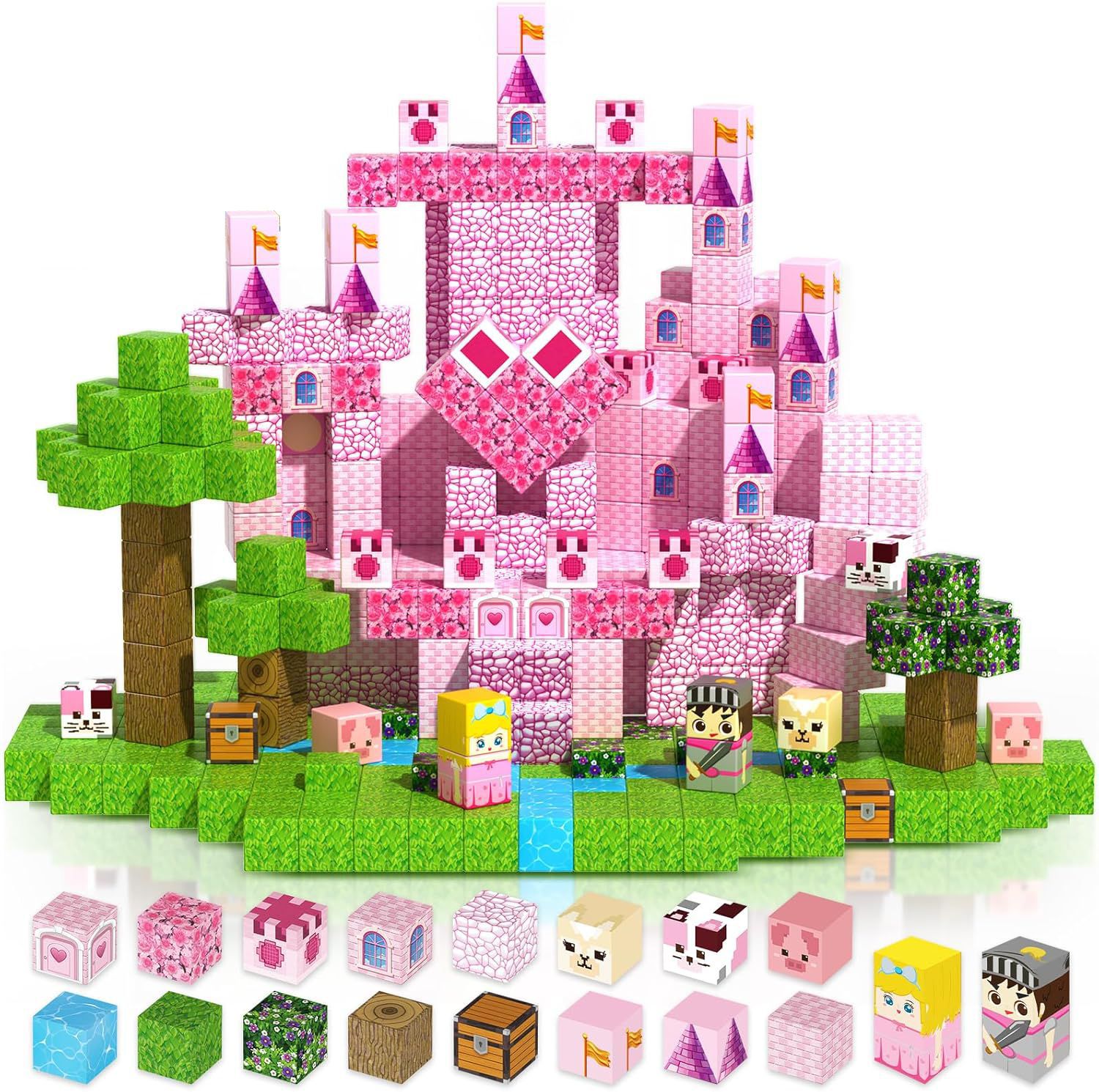 跨境亚马逊粉色系列公主城堡磁力积木方块磁吸磁性儿童益智玩具