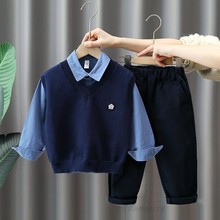 男童秋冬款套装2023新款洋气学院风加绒时髦宝宝马甲衬衫三件套