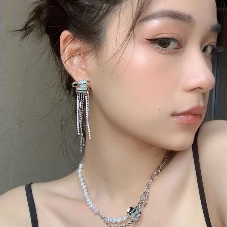 白日梦系列长款薄荷绿流苏耳链金属爱心耳环网红耳坠时髦法式ins