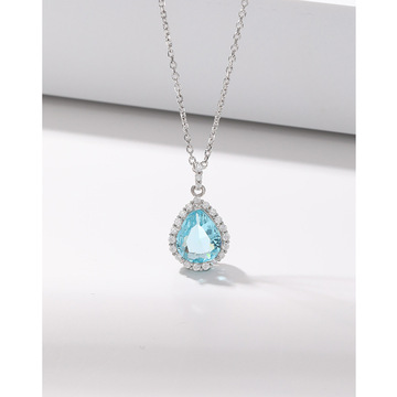 水滴天然海蓝宝吊坠项链女s925纯银轻奢小众高级感气质镶钻锁骨链