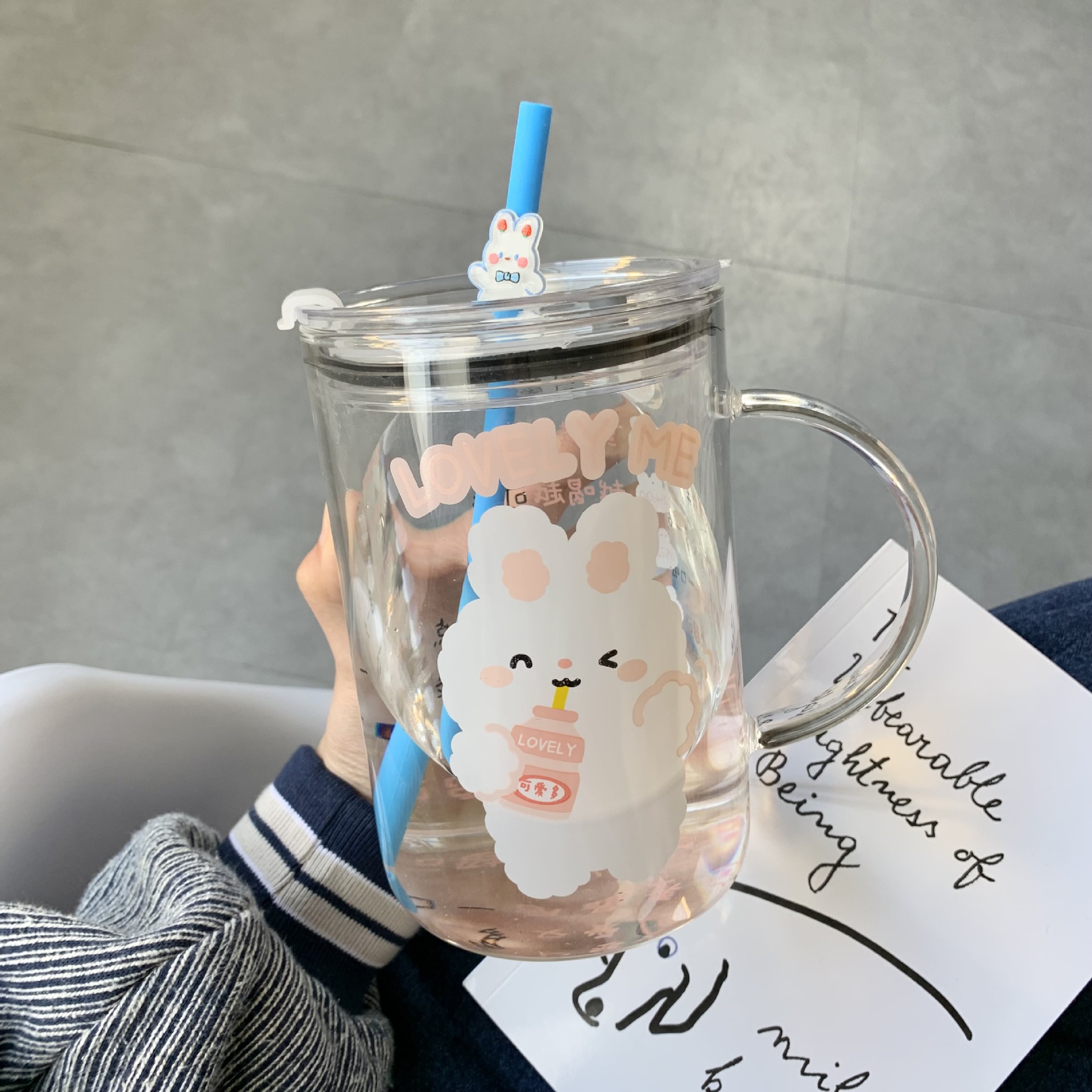 Large Capacity Glass Cup with Straw 1000ml Drinking Cup Children's Cute Office with Lid Dustproof Cup