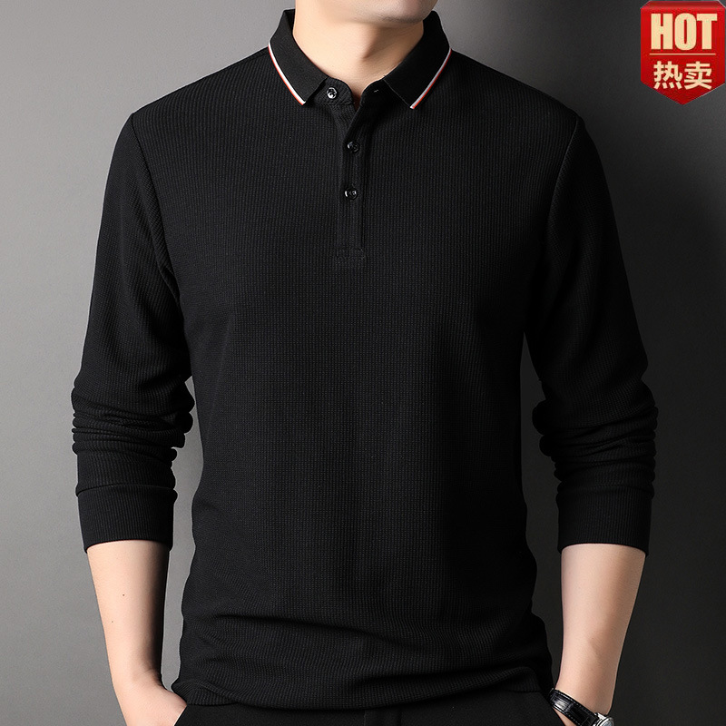 老爷车正品春装新款中年男士翻领长袖t恤纯色宽松休闲蚕丝爸爸装