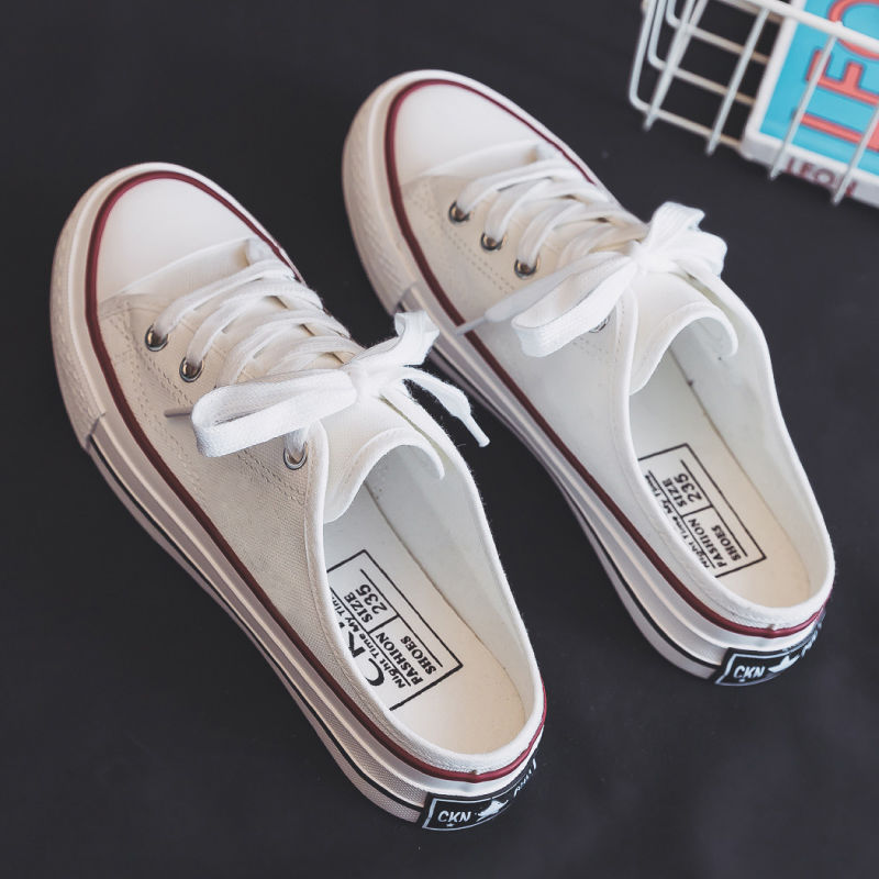 Ins Summer Semi Slipper White Shoes Women's Korean-Style Student Heel-Free Slip-on Lazy Shoes All-Match Flat Canvas Shoes