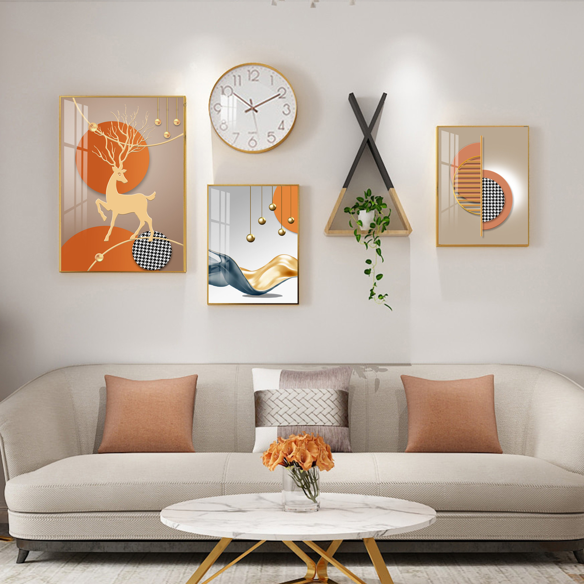 轻奢铝合金晶瓷画实木置物架现代客厅简约装饰背景相框照片墙组合