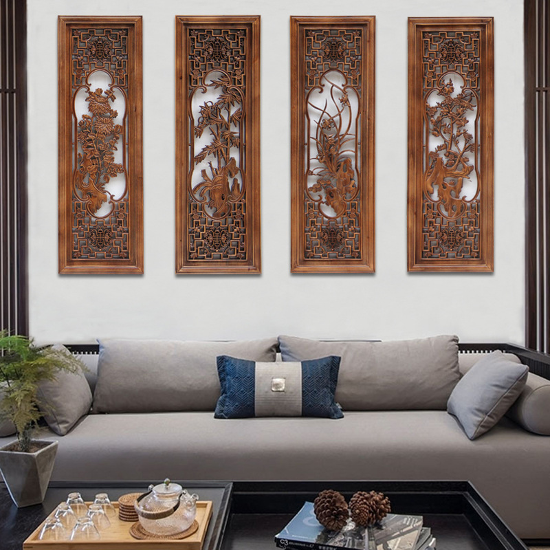 东阳木雕挂件中式客厅沙发背景壁饰实木雕刻工艺梅兰竹菊条屏定制