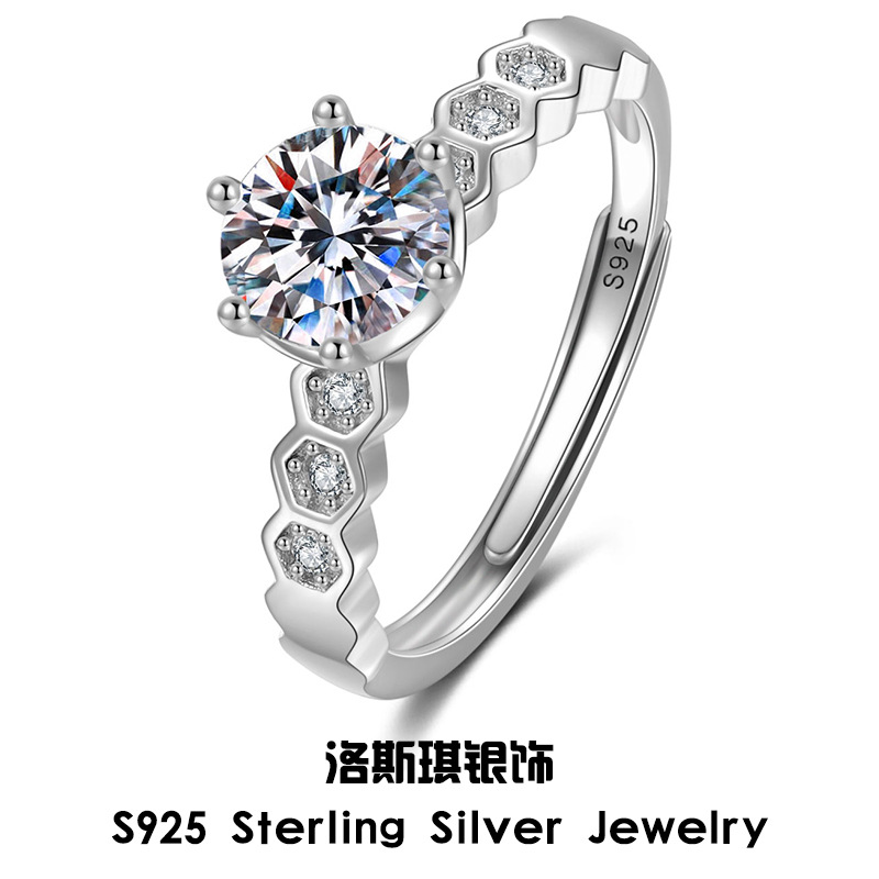 s925银镀18k金抖音热卖简约六爪戒托直播潮款莫桑石戒指现货批发