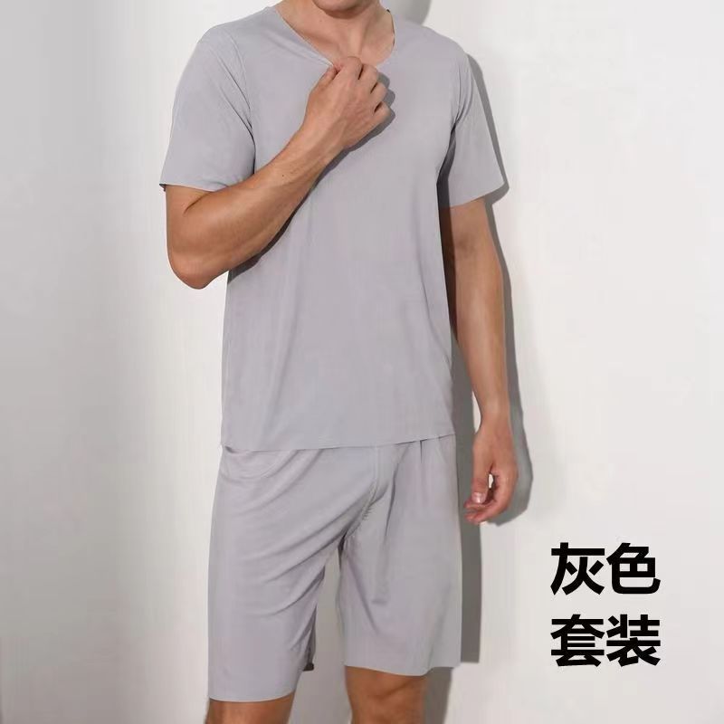 High-Grade Ice Silk round Neck Solid Color Short-Sleeved T-shirt Men's Summer Thin Ins Trendy Loose Sports and Leisure Shorts Suit