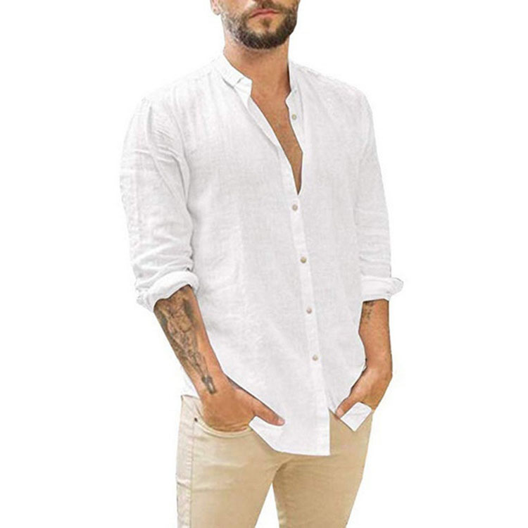 2023 Amazon Wish AliExpress European and American Men's New Linen Cardigan Solid Color Casual Stand Collar Long Sleeve Shirt