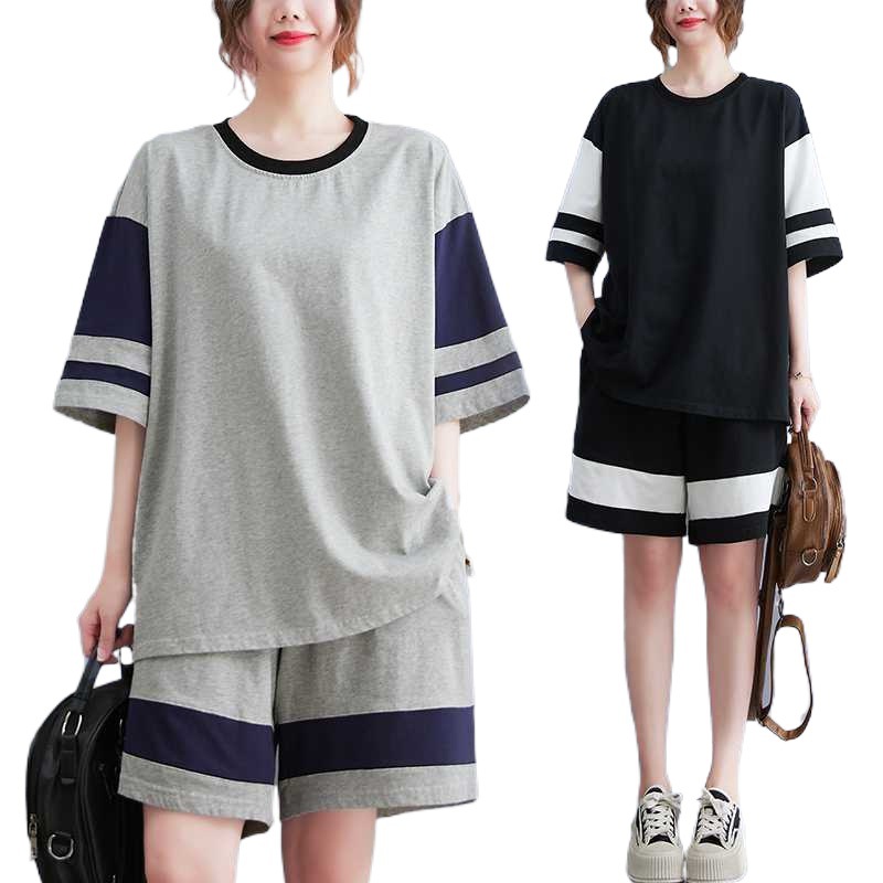 Real Shot plus Size Sports Casual T-shirt Two-Piece Women's Loose Multicolor Oversized Short Sleeve Shorts Suit 2024 Summer Clothes