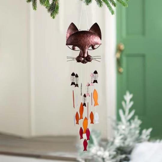 跨境爆款金属猫鱼风铃装饰家装吊坠用于室内户外花园庭院装饰品