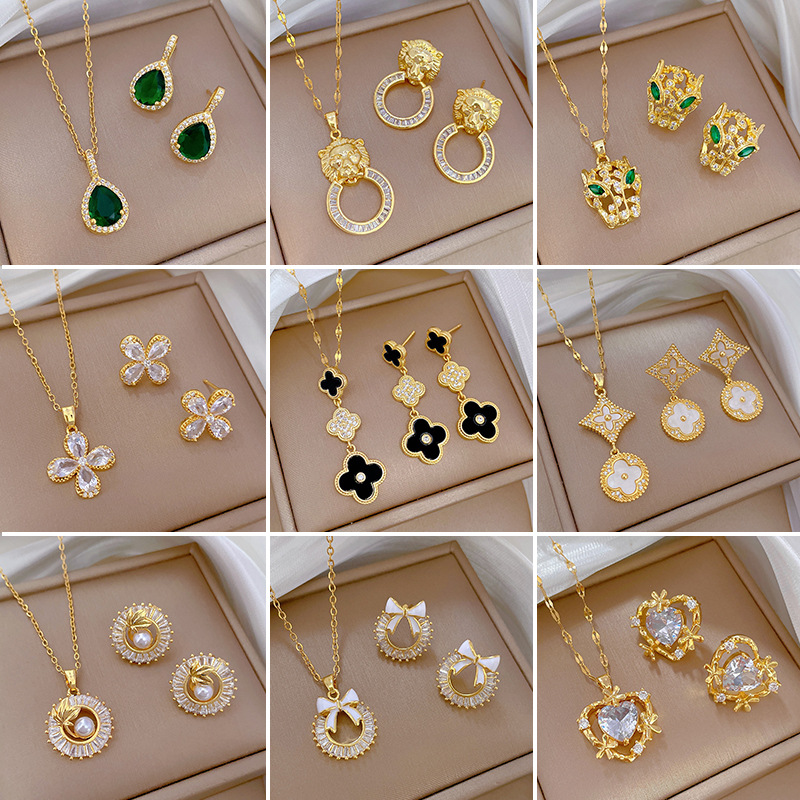 [Suit] High Quality Temperament Entry Lux Full Zirconium Heavy Industry Real Gold Electroplating Copper Micro-Inlaid Earrings and Necklace Set Suit Combination