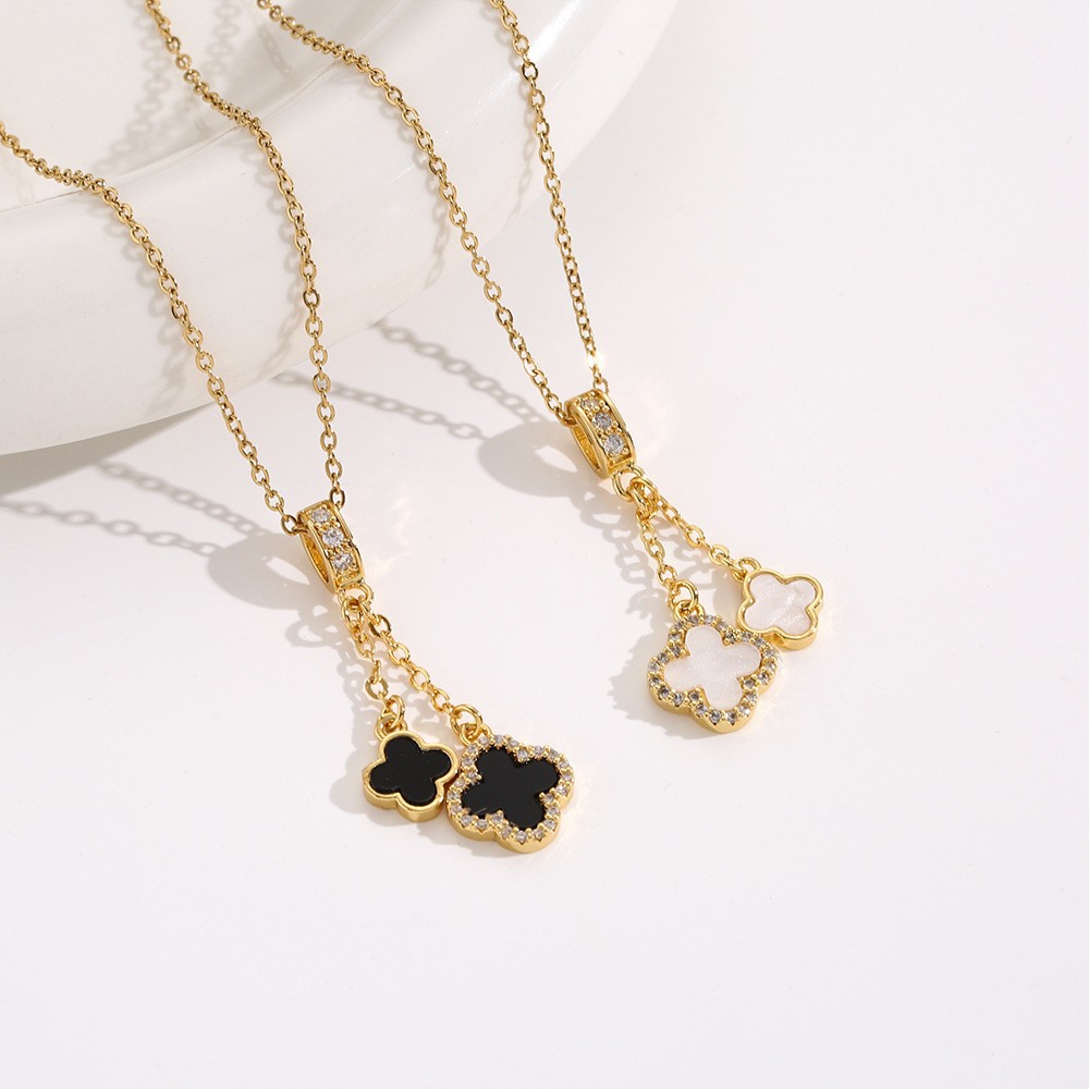 时尚优雅唯美钛钢四叶草项链女镶锆石流苏四叶草吊坠魅力锁骨项链
