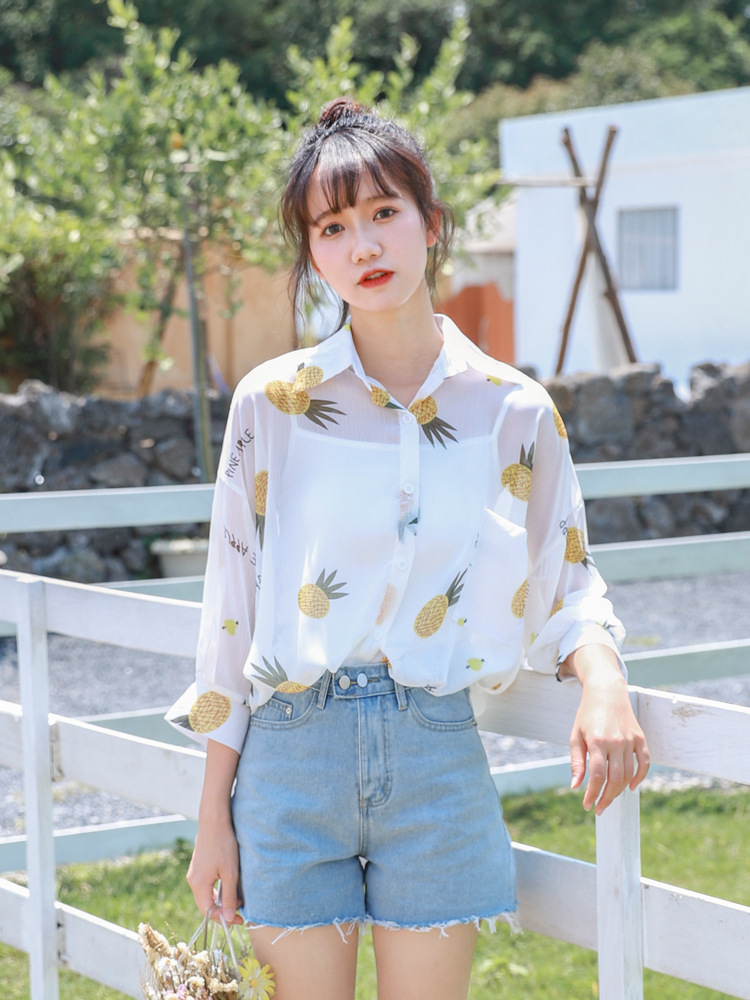 菠萝花薄防晒雪纺上衣女设计感小众衬衣2024夏季新款印花长袖衬衫