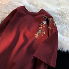 酒红色新中式男女中国风短袖T恤女情侣设计感新款百搭夏季五分袖