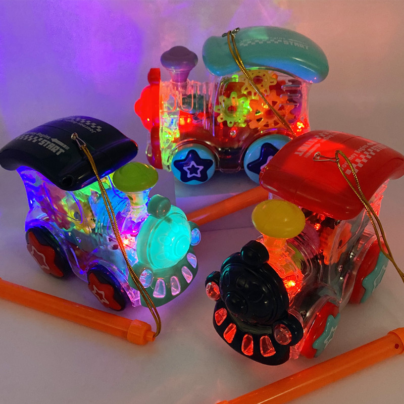 抖音款电动透明齿轮小火车宝宝手提音乐发光灯笼万向闪光火车彩灯